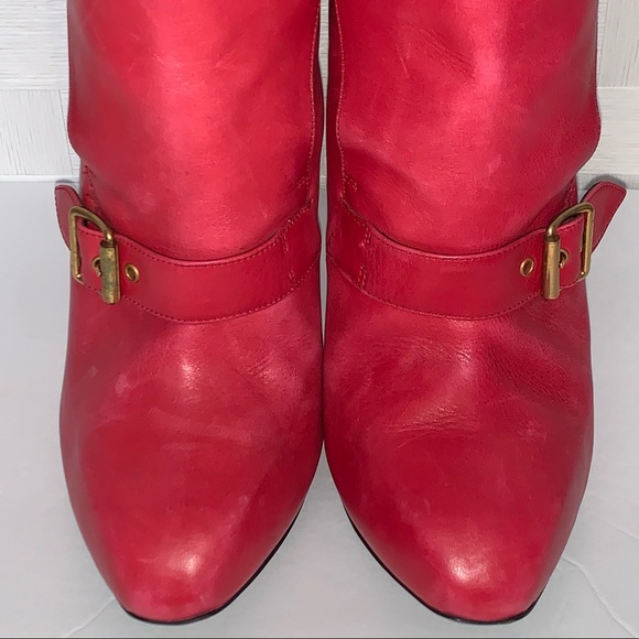 Alexander Mc Queen Red Italy Leather Buckle Heel Ankle Boots 38.5 US 8 - Picture 4 of 14